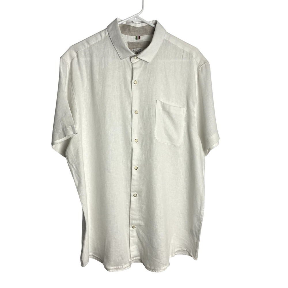 Bruno Positano Mens Washable Linen Shirt Size M White Button Up Short Sleeve‎